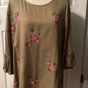 John Mark Olive Green Blouse with Pink Floral Embroidery